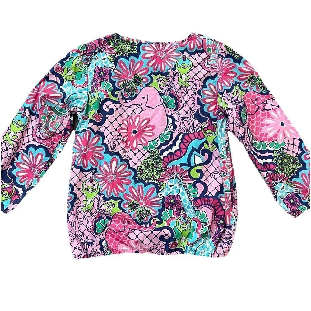 Lilly Pulitzer Girls Jungle Animal Print Tunic Blouse Size 14 Cotton Pink Blue